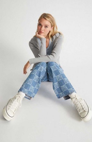 Dámské Kalhoty PacSun Eco Butterfly Checkerboard Low Rise Rovný Leg Indigo | 72NKJMSLY
