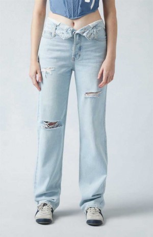 Dámské Kalhoty PacSun Eco Light Indigo Fold-Over Ripped '90s Boyfriend Indigo | 39ASZCVFR