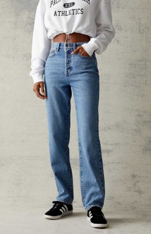 Dámské Kalhoty PacSun Medium Blue High Waisted Rovný Leg Indigo | 91QMFHJXO