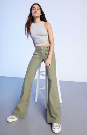Dámské Kalhoty PacSun Olive Low Rise Cargo Flare Olivy Zelené | 74YEQJUWM