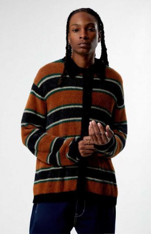 Pánské Svetry PacSun Brown Stripe Button Up Hnědé | 14KLXCOBN