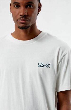 Pánské T-shirt PacSun PS Basics Cursive LA Embroidered Krém | 94YSJMXWZ