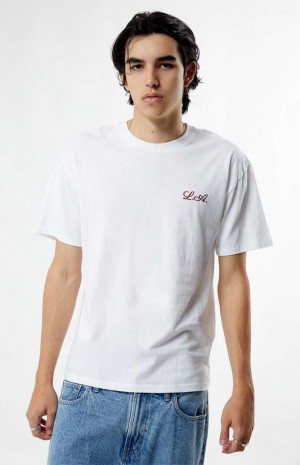 Pánské T-shirt PacSun PS Basics White Cursive LA Embroidered Bílé | 46WEFBYUI