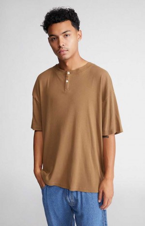 Pánské T-shirt PacSun Žebrovaný Boxy Henley Hnědé | 60FVPJCHT