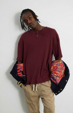 Pánské T-shirt PacSun Žebrovaný Boxy Henley Vínové | 75XONYUPR